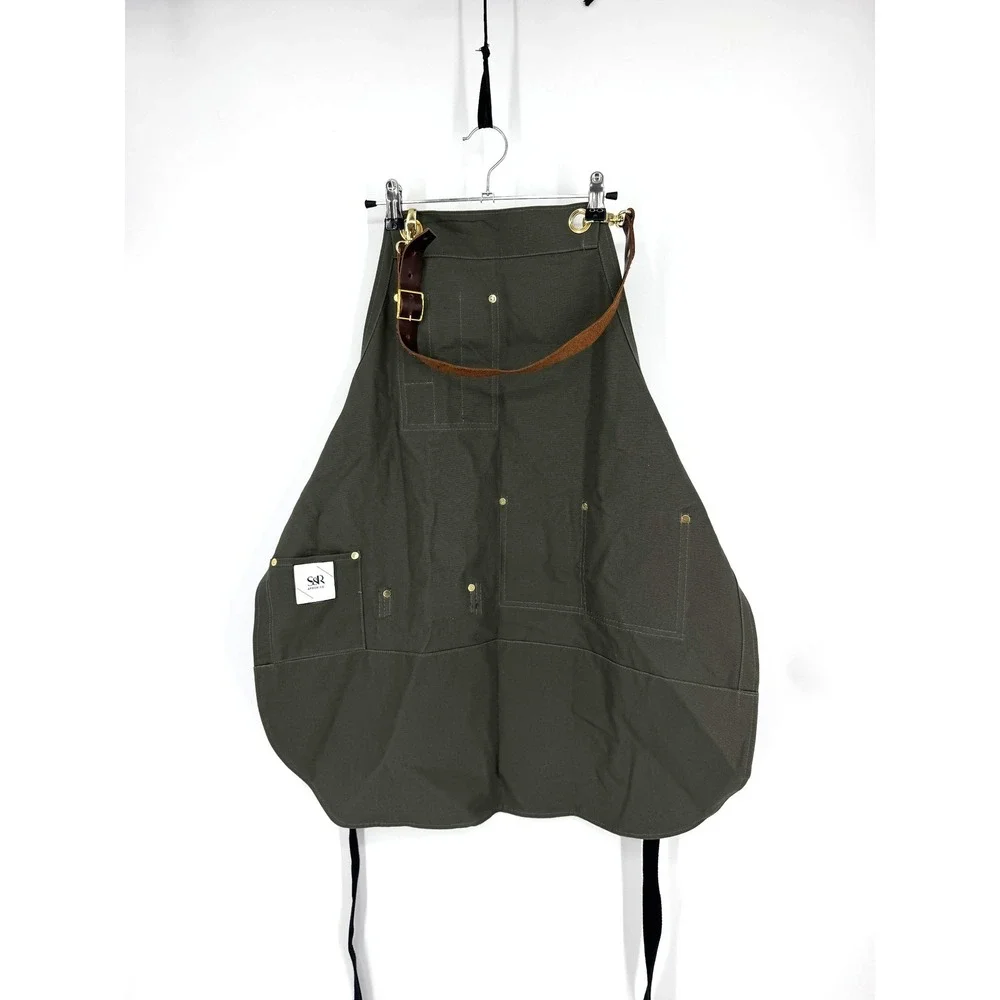 S&R Apron Co. Professional Canvas Leather Work Apron‎ Olive Green Brown Brass